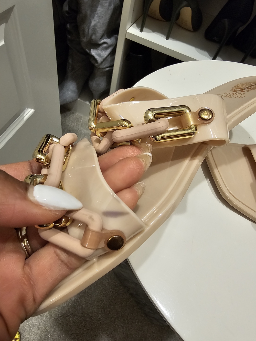 Vince Camuto Blush Pink Chain-Trim Slide Sandals - Picture 6 of 10